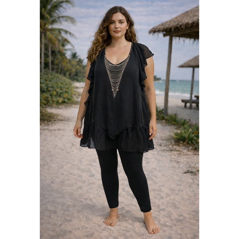 City Chic Black Semi Sheer Sleeveless Beaded Front Top 24W